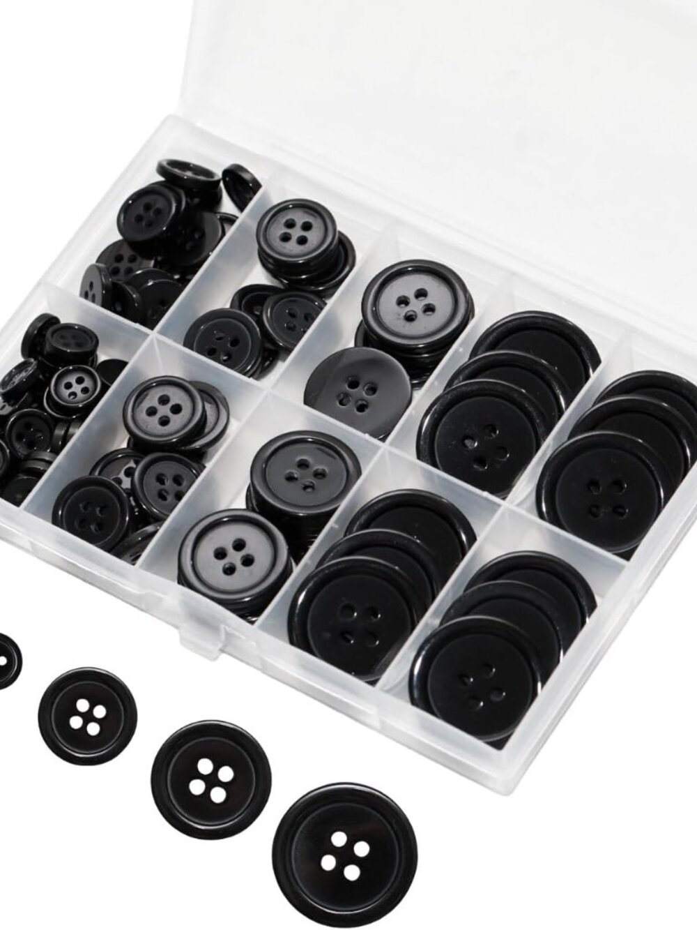 Black Sewing Buttons, 100 pcs, 5 Sizes Round Buttons for Clothes